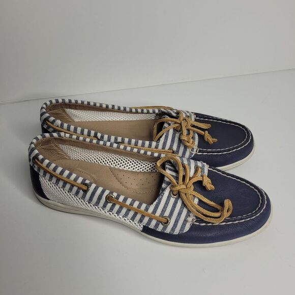 Sperry Blue White Nautical Preppy Classic Slip On Leather Boat Shoes Size 9 - Picture 2 of 7